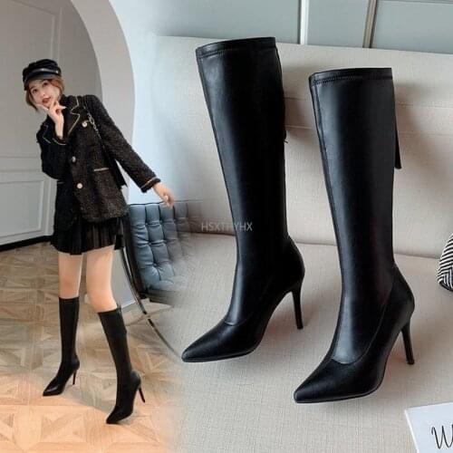 2021 Winter Fashion Women Boots Knee Thin High Soft Leather Pointed Toe Party Shoes Chelsea Botines De Mujer Botas Feminina