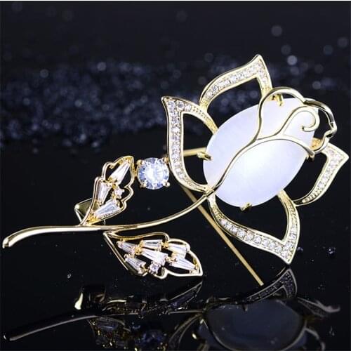 2020 New High Quality Beautiful Rose Pins Brooch Flower Holiday Cubic Zirconia Brooches for Women Vintage Crystal Broche Jewelry