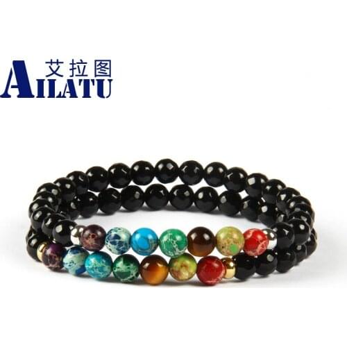 Ailatu New Design 6mm Faceted Black Onyx Stone with Imperial Sea Sediment 7 Chakra Healing Stone Yoga Meditation Bracelet