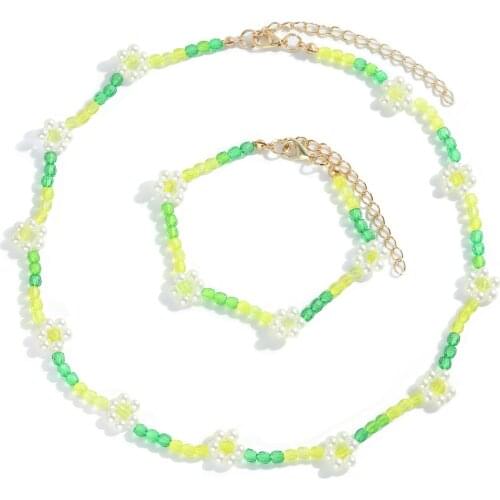 Boho Colorful Transparent Crystal Acrylic Beads Flower Choker Necklace Bracelet Set Fashion Handmade Beaded Jewelry For Women