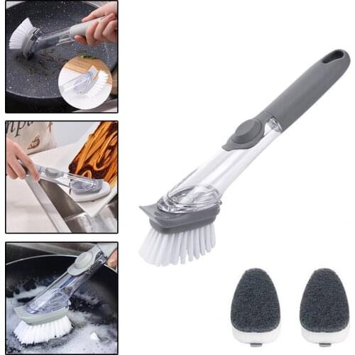 Double Use Kitchen Cleaning Brush Scrubber with Removable Brush head Sponge Automatic Liquid Dispenser Kitchen Clean Tools
