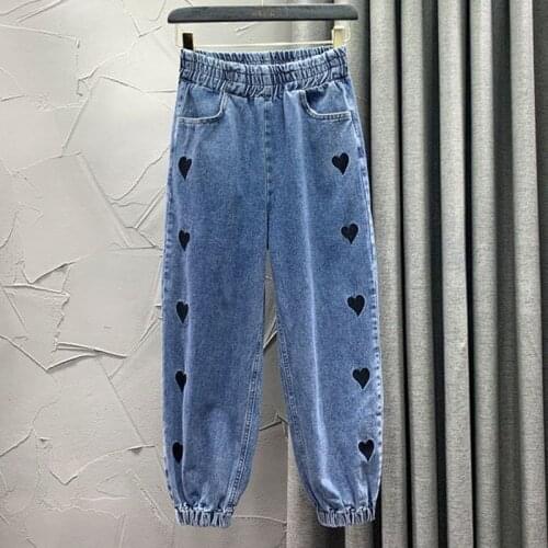 Women jeans 2021 spring heart shaped streetwear high waist wide leg trousers retro casual loose straight denim trousers ins hot
