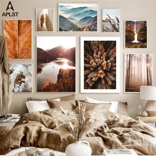 Forest Top Tree Canvas Prints Mountain Lake Poster Autumn Landscape Leaf Waterfall Reed Grass Painting Nordic Picture Home Decor