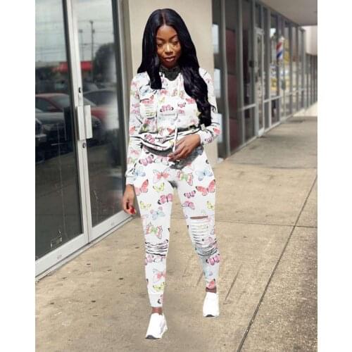 Ueteey New Two-piece Lovely Butterfly Print Pleat Design Outfits Woman Two-piece Pant Set