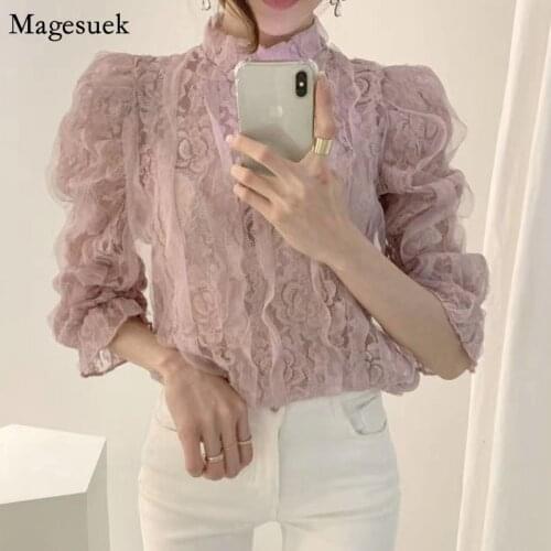 Korean Style Lace White Blouse Women New Long Sleeve Shirts Female Stand Collar Solid Tops Blouses Women Clothing Blusas 12511