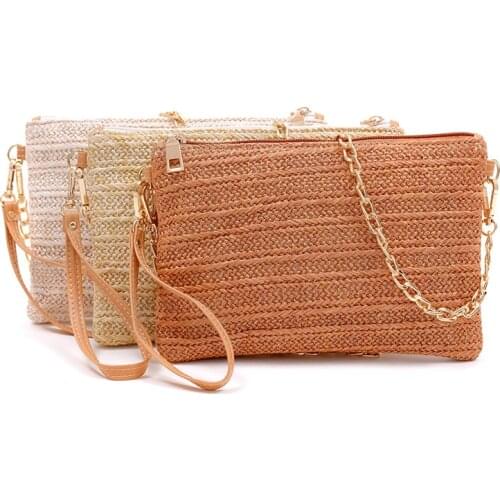 Summer Casual Women Solid Straw Corssbody Bag Retro Female Woven Boho Chain Messenger Shoulder Bag Clutch Zipper Phone Purses