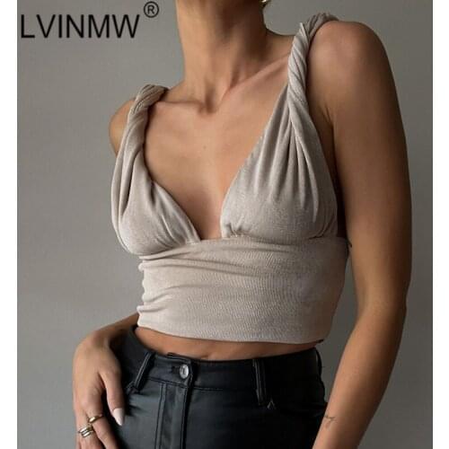 LVINMW Knots Low Cut Sexy Solid Designed Tank V Neck Sleeveless Folds Fashion Women Crop Top Backless Slim Short Casual Tops