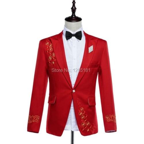 Fashion men embroidery red suits business suits set plus size S-4XL Nightclub clothing flower pattern Slim Blazer Trousers