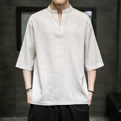 Summer Chinese Style Hanfu Men Short Sleeve Cotton T-Shirt Kung Fu Tai Chi Tee Tops Zen Tea Art Qipao Shirt Casual Blouse 30345