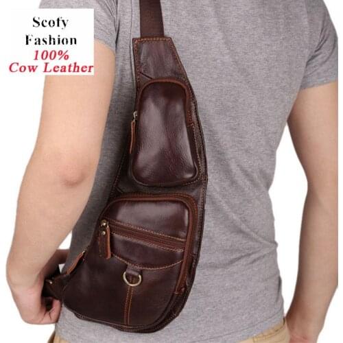 Mens Crossbody Bags Retro Genuine Leather Business Travel Chest Bag High Quality Real Cowskin Sling Bag