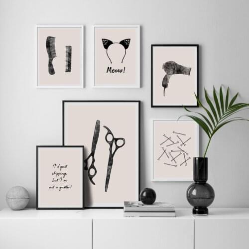 Barber Shop Wall Art Pictures Cat Ears Hair Clip Dryer Scissors Comb Canvas Painting Nordic Posters And Prints For Gift Salon