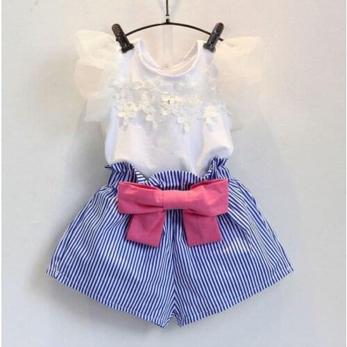 Girl Clothes Kids Girls Summer Flying Sleeve T-shirt & Bow Stripe Shorts Set Little Girl Clothes Girls Boutique Outfits