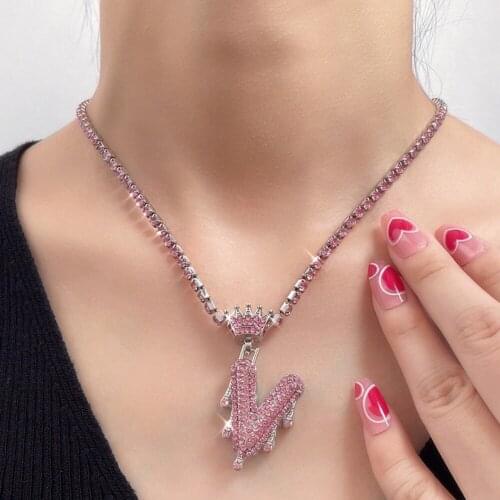 Punk Pink Crystal Crown 26 Letter Pendant Necklace for Women Men HipHop Initials Alphabet Tennis Choker Necklaces Rock Jewelry