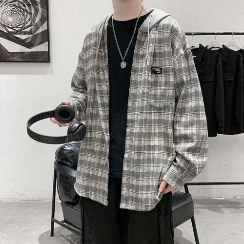 Plus Size 5XL-M Autumn Fashion Fake-2Pieces Spliced Design Plaid Shirt Men Clothing Simple Loose Casual Hooded Shirts Oversized