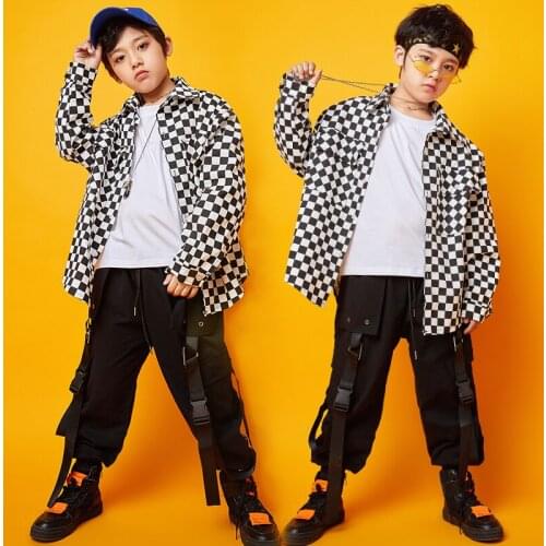 Boys Lattice Shirts Long Sleeves Fashion Cargo Pants For Kids Hip Hop Dance Costume Drum Jazz Performance Stage Outfits BL6867