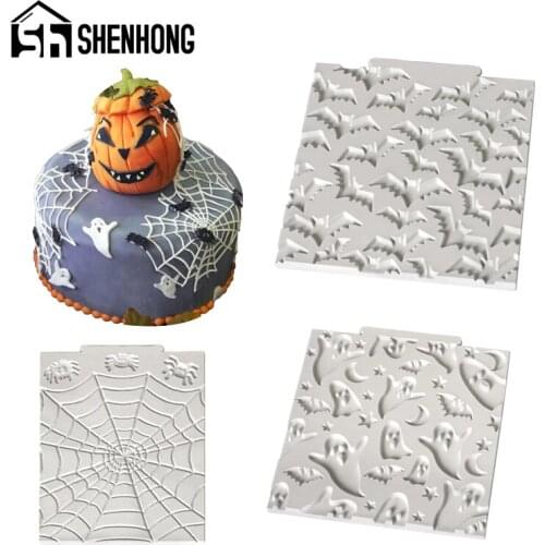 SHENHONG Halloween Theme Chocolate Fondant Cupcake Sugar Craft Decorate Mould Bat Ghost Spider Web Pumpkin Cake Silicone Mold