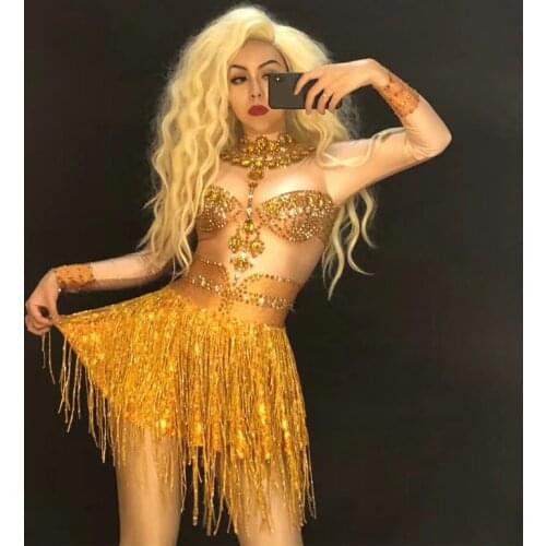 Sexy Fringe Sparkly Gold Rhinestones Tassel Dress Stage Costume Women DJ Singer Dancer Long Sleeves Mini Dresses Costumes DT360
