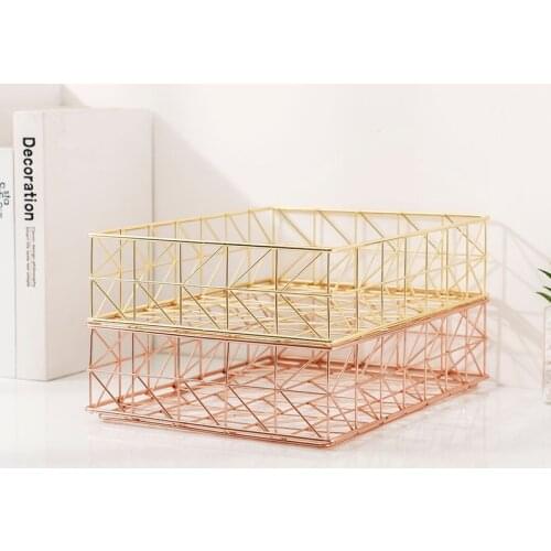 1pcs Rose Gold Stackable File Rack Metal Wrought Iron Documents Storage Basket Home Decoration