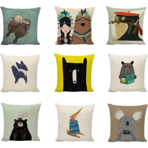 High Quality Cartoon Cushion Covers Otter Bear Fox Owl Koala Print Decoration Bedroom Camping Chair Outdoor Square Pillow Cases