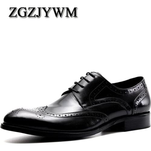 ZGZJYWM New Breathable Mens Classic Business Lace-Up Black/Red/Brown Pointed Toe Dress Genuine Leather Wedding Oxfords Shoes
