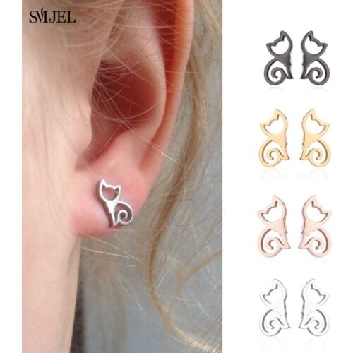 SMJEL Korean Fashion Earrings Black Small Kitten Cat Stud Earrings Women Girls Animal Stainless Steel Earing Christmas Gift Kids