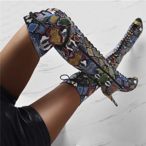 Summer Women Fashion Over the Knee Boots Snake grain High Boots Open Toe Lace Up Thin High Heels Boots Shoes Big Size 13 14 15