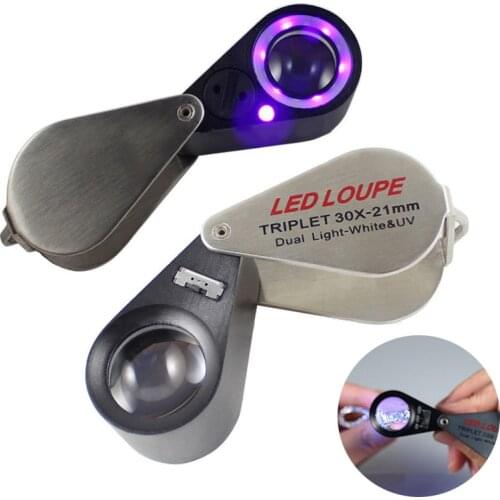 10/20/30X Magnifier Jewelry Diamond Loupe LED UV Light 21mm Achromatic Triplet Lens Optical Glass lente d'ingrandimento