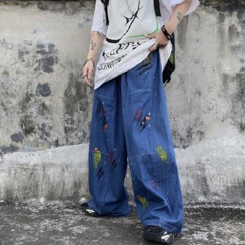 2021 New High Street Jeans Splash Ink Graffiti Wide-leg Jeans Loose Straight Hip Hop Pants Autumn Thin Middle-aged Womens Pants