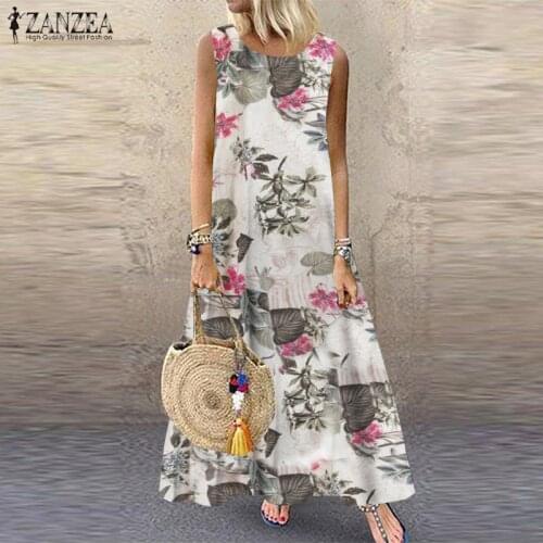 ZANZEA Women Bohemian Floral Printed Maxi Long Dress 2021 Summer Vintage Sleeveless Vestido Casual Loose Plus Size Sundress