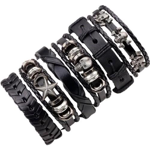6PCS Braided Wrap Leather Bracelets For Men Braid Cuff Wrap Wristbands Skeleton Mechanical Alloy Skull Bracelet Set