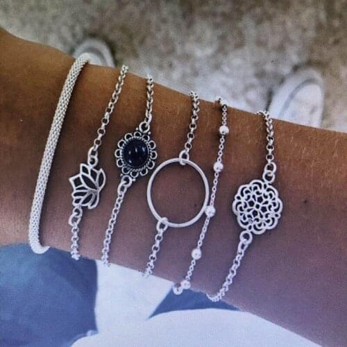 Bohemian Black Moon Bracelet Lotus Lotus Leaf Round Stone Flower Bead Chain Combination 6 Piece Set for Women