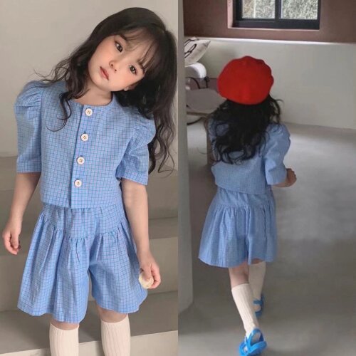 Kids Girl Fashion Set Half Sleeve Fashion New Design Kids Baby Outfits Plaid Shirt and Shorts Set Children Elegant Set