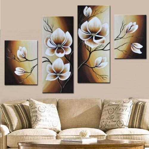 Fantastic Oil Paintings Group Hand Painted Abstract White Flower On Canvas 4 Panel Wall Art Modern Home Decor Pictures Unframe