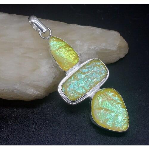 Gemstonefactory Jewelry Big Promotion 925 Silver Adorable Yellow Dichroic Glass Women Ladies Gifts Necklace Pendant 0665
