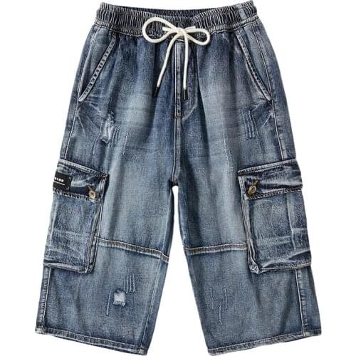2021 Summer New Men Jeans Cargo Shorts Fashion Casual Elasticated Waist Stretch Big Pocket Cropped Jean Male Brand