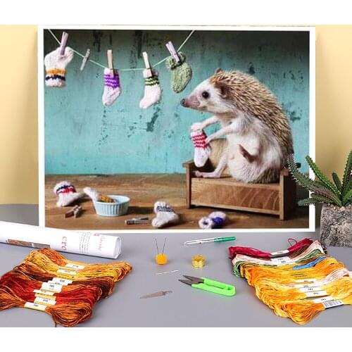 Animal Hedgehog Printed 11CT Cross Stitch Set DIY Embroidery DMC Threads Knitting Handiwork Handmade Needlework Magic Room