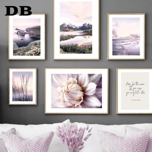 Mountains Calm Lake Purple Dahlia Flower Waves Grass Wall Art Print Canvas Painting Nordic Poster Decor Pictures For Living Room