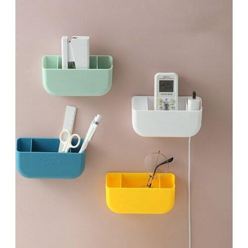 Wall-Mounted Remote Holder Hole-Free Air Condition TV Remote Control Storage Box Container Multi-grid Mobile Phone Charger Rack