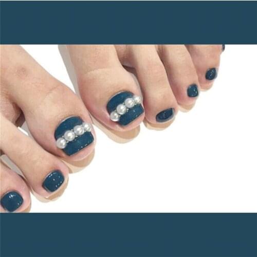 New cream blue pure color with pearl decoration 3d toe nails Cute summer false nails for toe short size full nail tiips bride