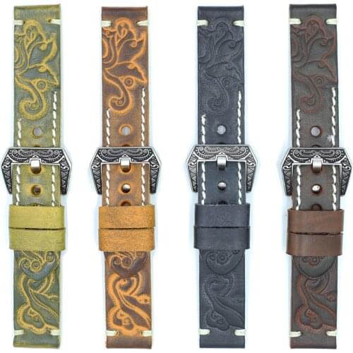 Onthelevel Vintage Watch Strap 22mm 24mm Handmade Carved Embossed Watch Band For Panerai With Carved Engraved Buckle #D
