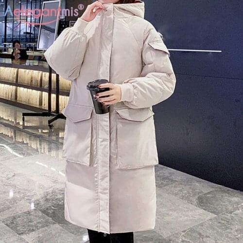 Aelegantmis Fashion Hooded Winter Warm Parkas Coat Women Pockets Long Thicken Jackets Coat Female Korean Oversized Outwear Chic