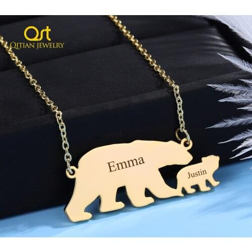 Personalized "Mama Bear" Charm Necklace Customized Engrave Name Necklace Stainless Steel Baby Bear Necklace Mothers Day Gift