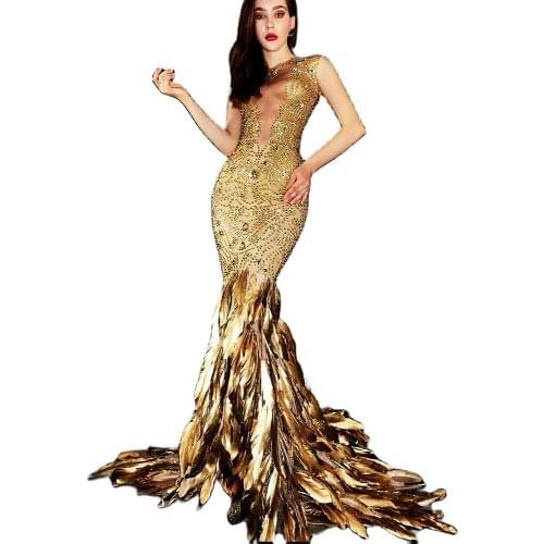 Gold Feather Tight Floor-Length Dress Shining Diamonds Nightclub Bar Party Birthday Party Dress Stage Wear Lady Stage Costume
