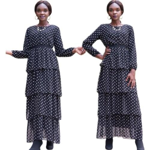 Middle East Polka Dot Casual Long Dress Arab Jilbab Black Layered Dress Dubai Kaftan Abaya Muslim Women Long Sleeve Spring Fall