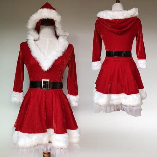 Christmas Costume Santa Costume Half Sleeve Plush Warm Hooded Fancy Pleated Dress M,L,XL Halloween Costumes For Women