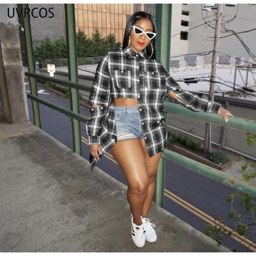 UVRCOS Shirts For Women Plaid Print Long Sleeve Turn-down Collar Single Breasted Splittable Casual Cyber Y2K Loose-fitting Shirt