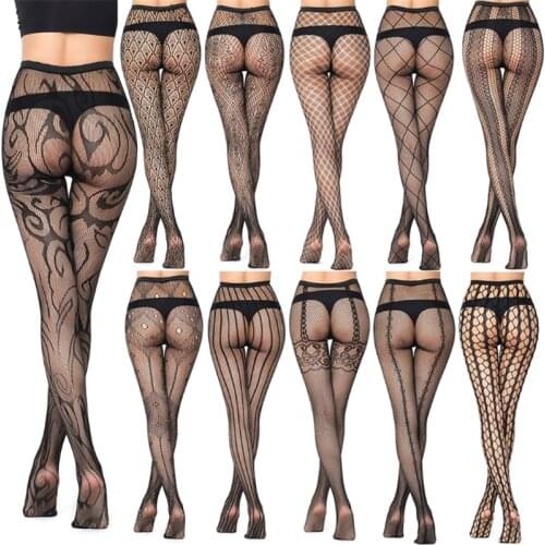 Sexy Fishnet Stockings Women Pantyhose Hollow Out Black Thigh High Stocking Club Party Floral Butterfly Knee High Socks Female