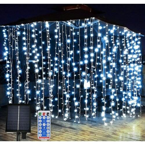 Upgraded Solar Curtain Light 300LEDs 8 Mode Remote Control Waterproof Waterfall Fairy String Lights f/Patio Garden Party Wedding