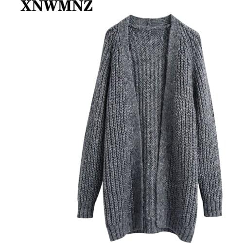 XNWMNZ 2021 Women Fashion Grey oversized cardigan Retro casual long sleeves ribbed Knitted female coat open cardigan sweater