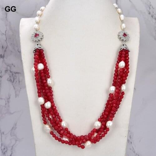 GuaiGuai Jewelry 31" 6Strands White Baroque Pearl Red Jade Gems Stone Necklace